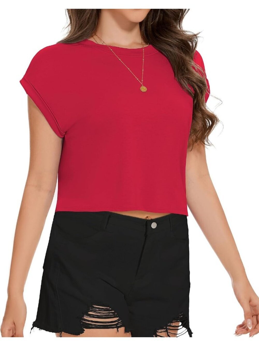 Women's Red Crew Neck Cap Sleeves Crop Summer Casual Pull On Basic Tees Shirts - Picture 2 of 6